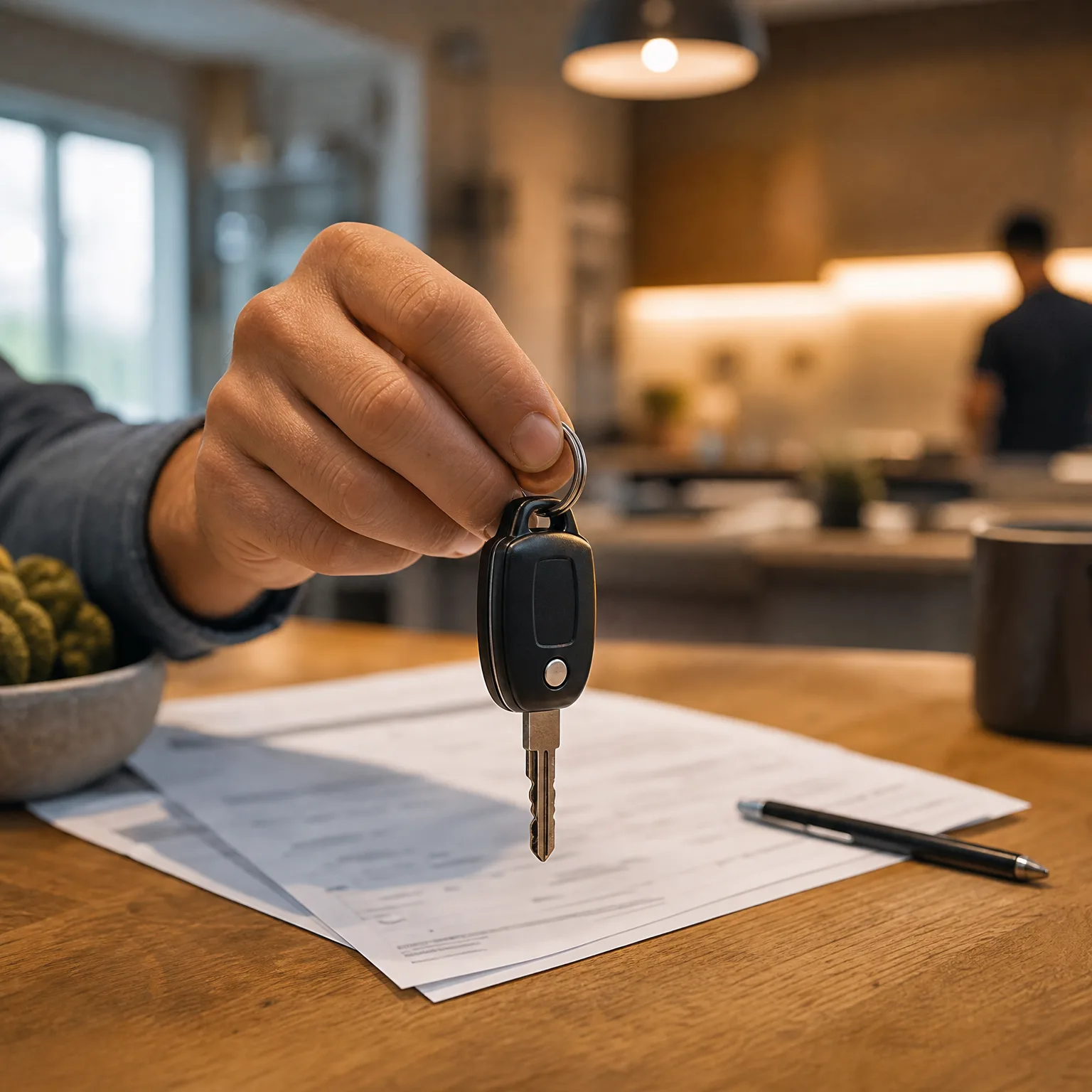 A hand holds a black key with a remote fob above a wooden table with printed documents and a pen, with a blurred interior and a person in the background.