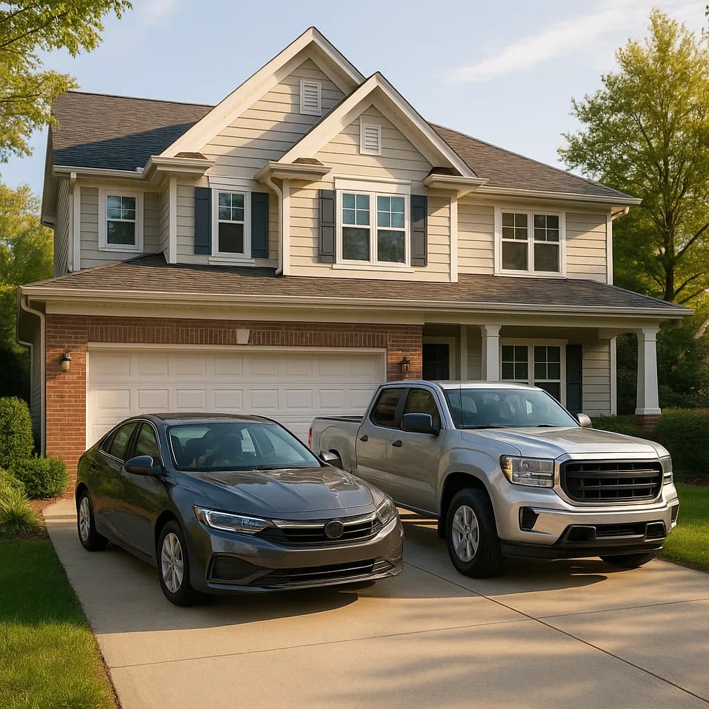 Two-story suburban house with beige siding, two cars parked in driveway - sedan and pickup truck